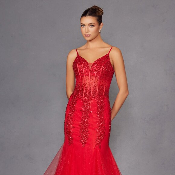 NEW FORMAL SLEEVELESS MERMAID GOWN W/ SHEER SEQUINS EMBELLISHED BODICE JT2883C - Picture 3 of 8